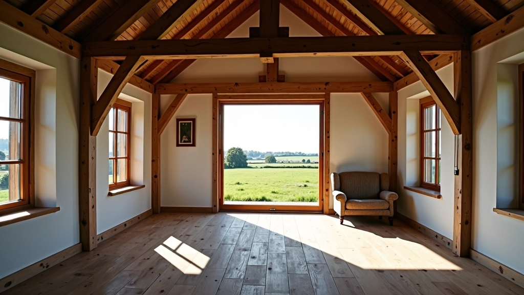 Boerderij interieur met originele balken, ramen met uitzicht op land, traditionele constructie zichtbaar