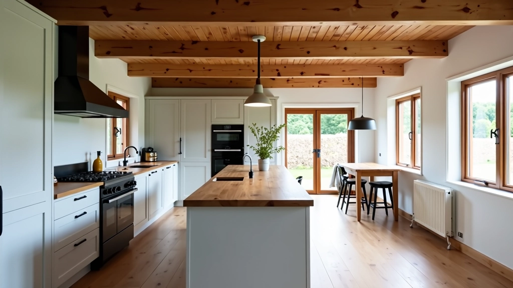 Interieur van moderne keuken in een boerderij, met houten balken en hedendaagse apparatuur